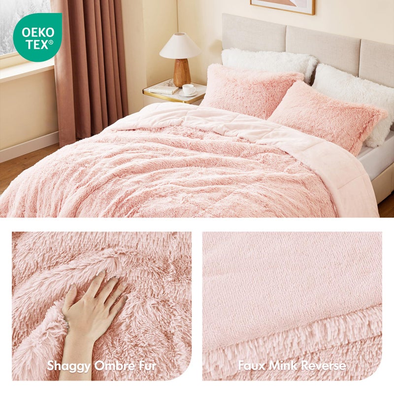 Intelligent Design Malea Shaggy Comforter Set, Long Faux Fur Cozy Down Alternative, Modern Casual Ultra Soft All Season Fluffy Bedding with Matching Sham, King/Cal King, Blush 3 Piece - Image 2